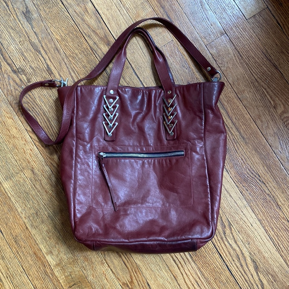 Jack Germain Burgundy Leather Tote with Metal Hardware